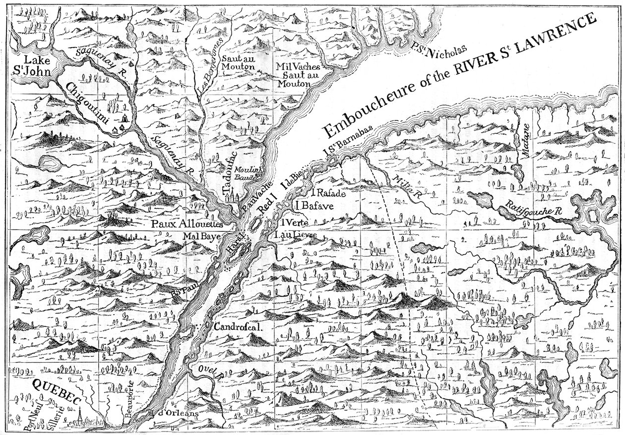 Mapa del curso del río San Lorenzo hasta Quebec, 1730 c1880 de Unbekannt