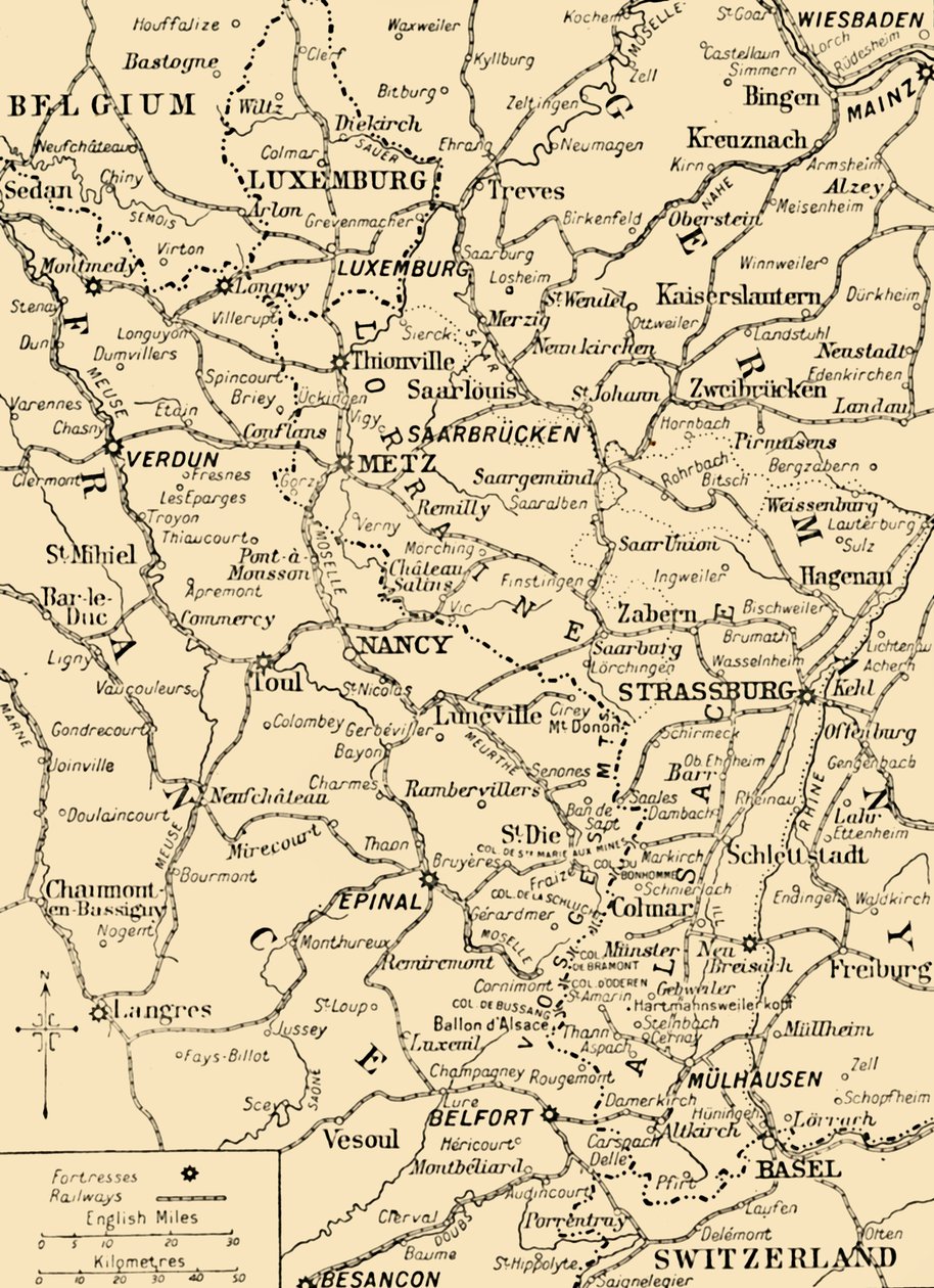 Mapa que muestra la frontera entre Francia y Alemania, Primera Guerra Mundial, c1915, c1920 de Unbekannt