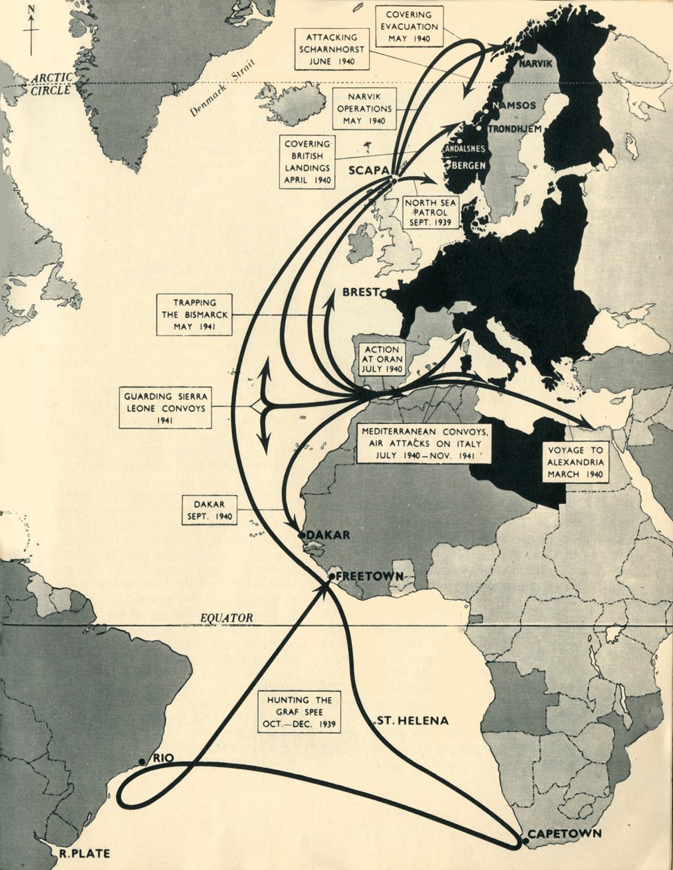 Mapa que muestra los movimientos del HMS Ark Royal, 1939-1941, 1942 de Unbekannt