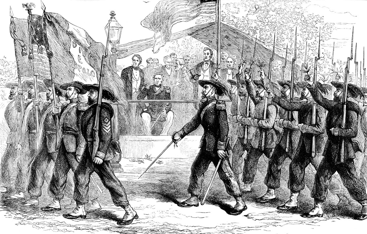 Desfile de la Guardia Garibaldi ante el Presidente Lincoln, 1861-1865 c. 1880 de Unbekannt