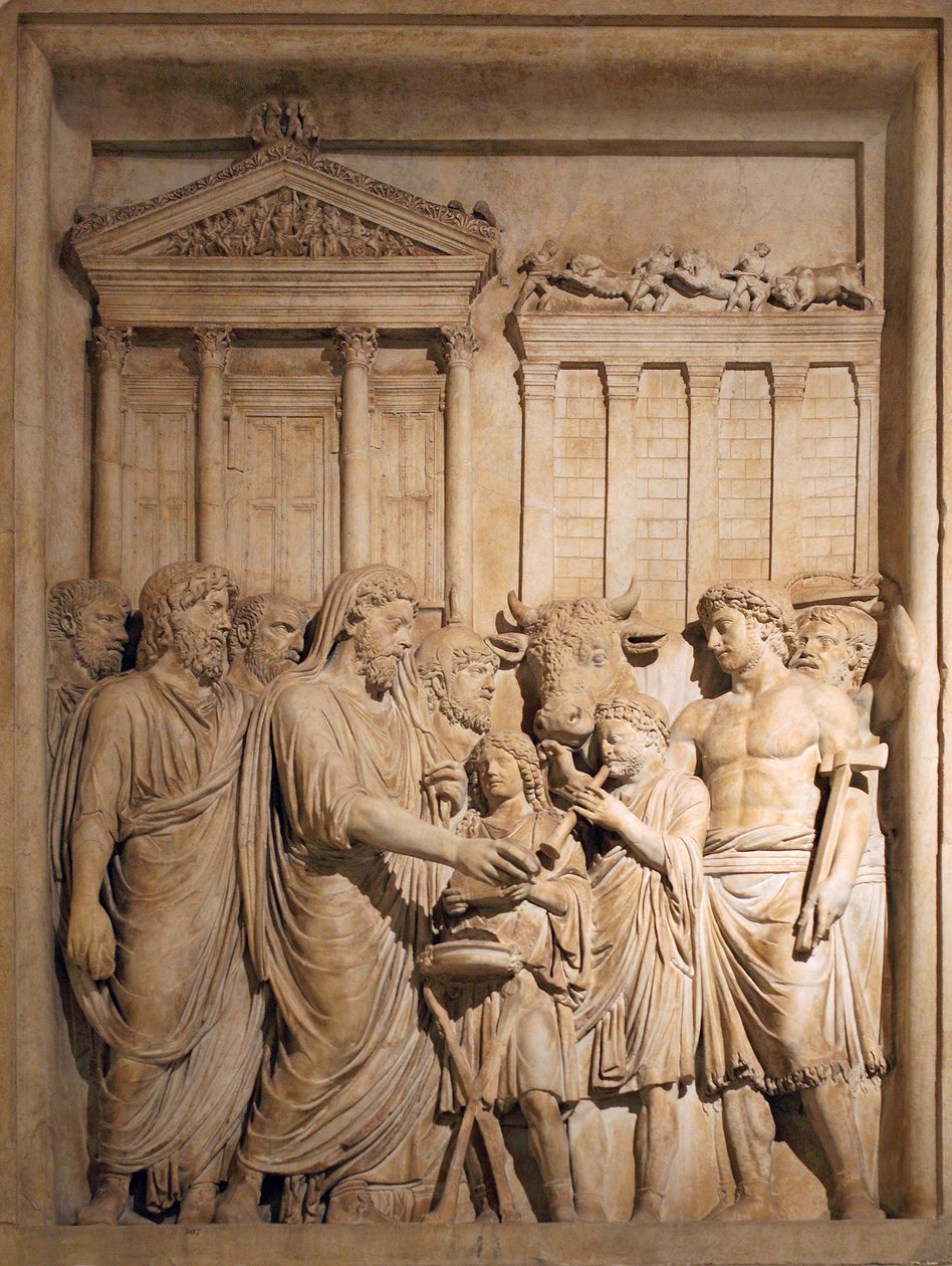 Marco Aurelio y miembros de la familia imperial ofrecen sacrificio en agradecimiento por el éxito contra las tribus germánicas, ca. 176-182 de Unbekannt