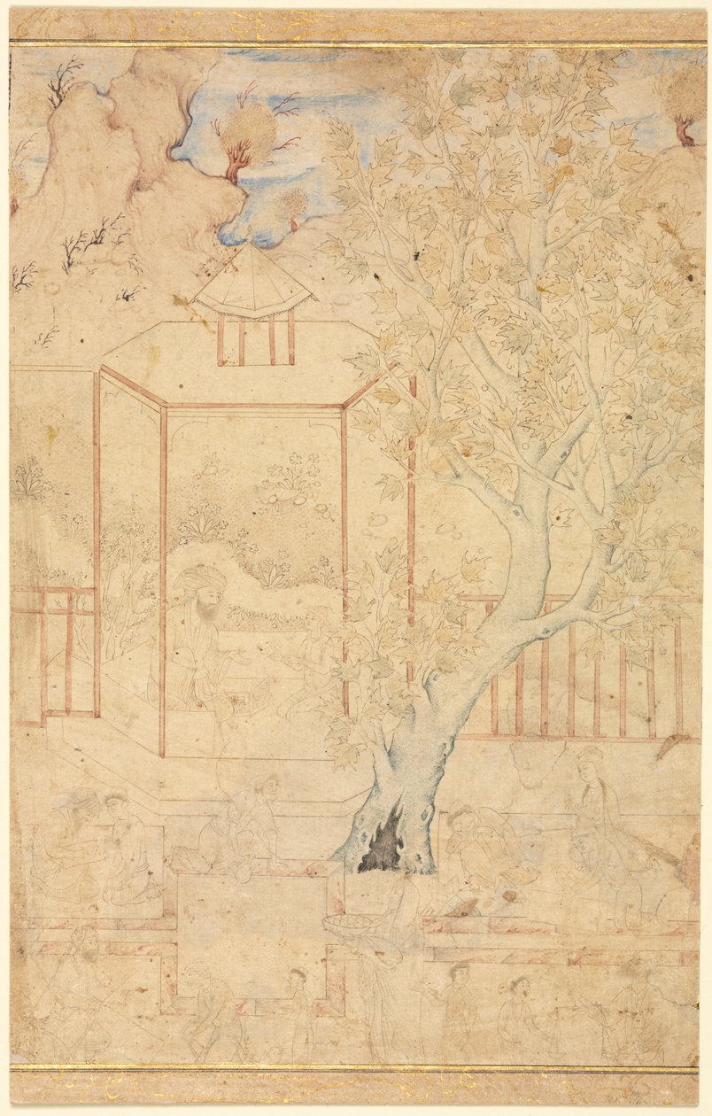 Maestro y discípulo en un pabellón de jardín, ilustración de una sola página, c. 1570-1590s de Unbekannt