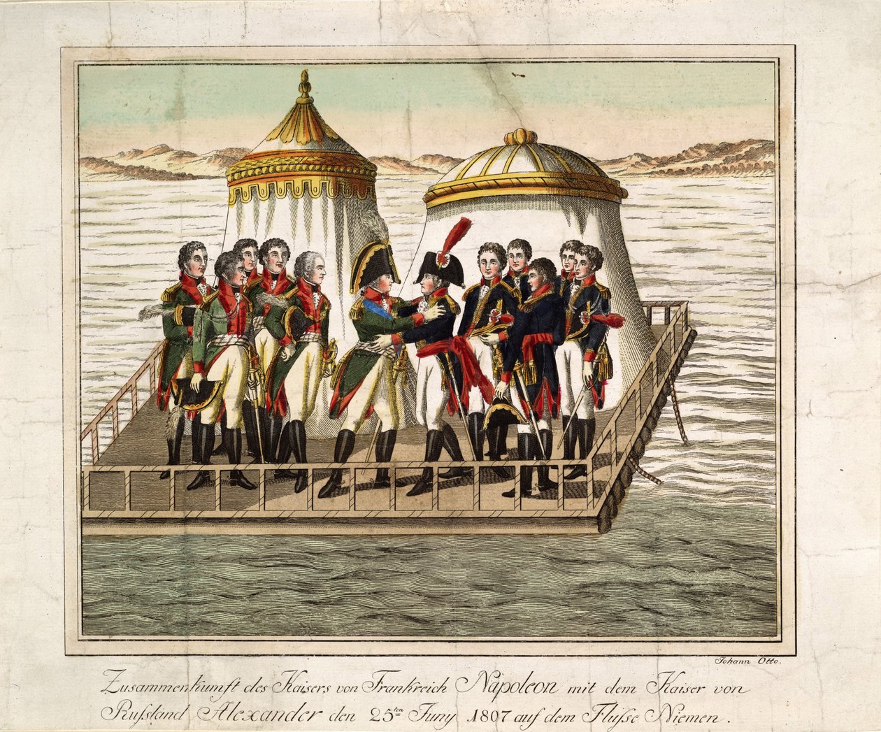 Encuentro de los emperadores Alejandro I de Rusia y Napoleón I de Francia en el Neman cerca de Tilsit, 1807 de Unbekannt
