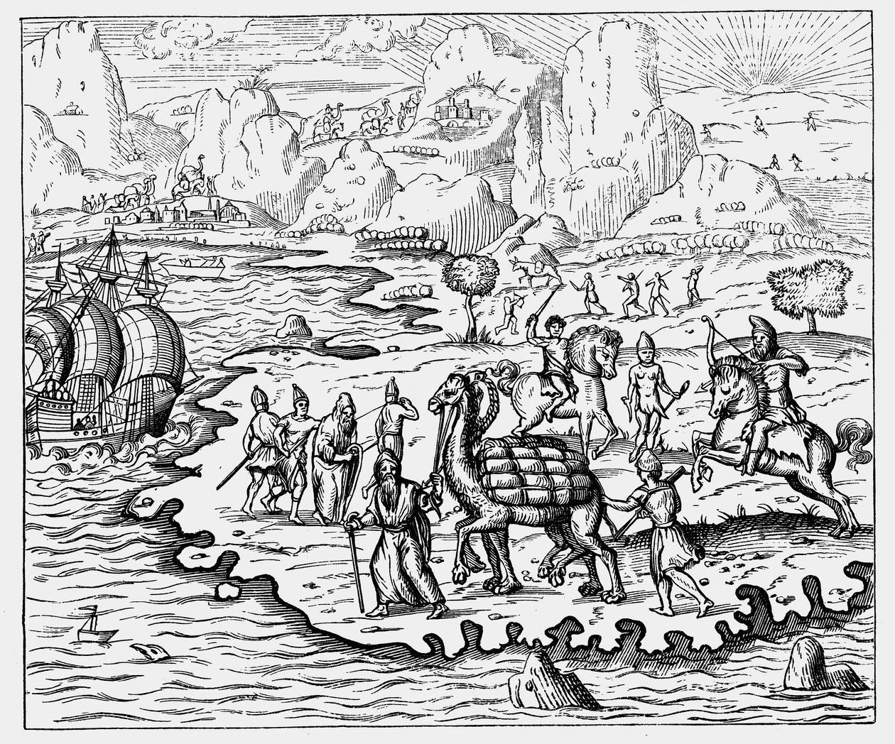 Comerciantes transportando mercancías a la costa y a un barco esperando en camello, 1575 de Unbekannt