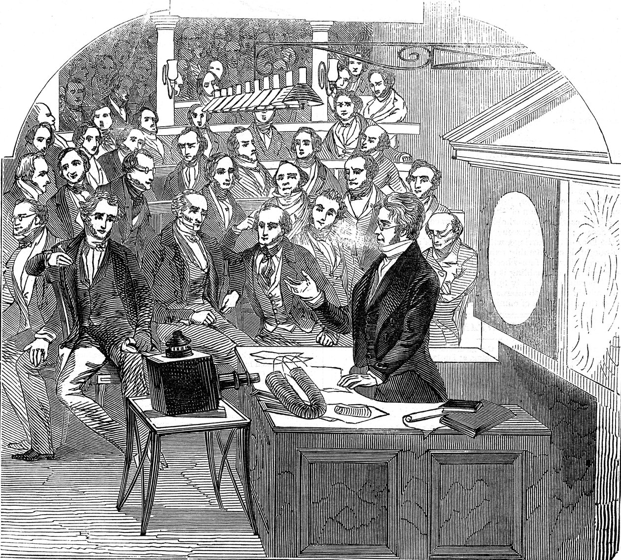 Michael Faraday dando una conferencia sobre electricidad y magnetismo, Royal Institution, Londres, 1846 de Unbekannt