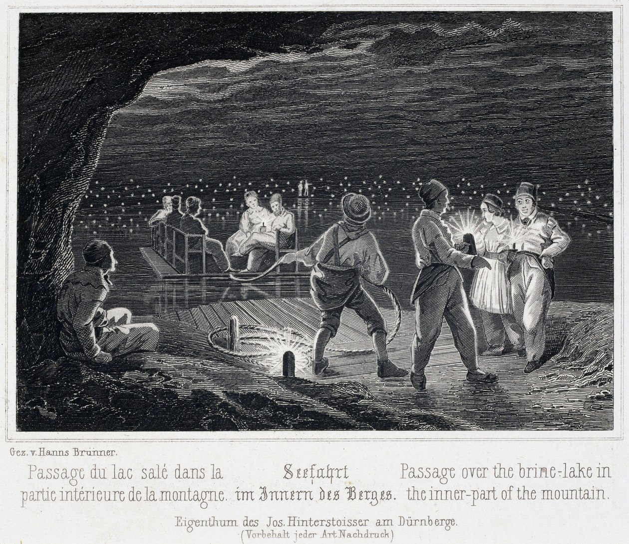 Mina de sal: el cruce del lago salado, dentro de la montaña, hacia 1850, en Durrnberg, Austria de Unbekannt