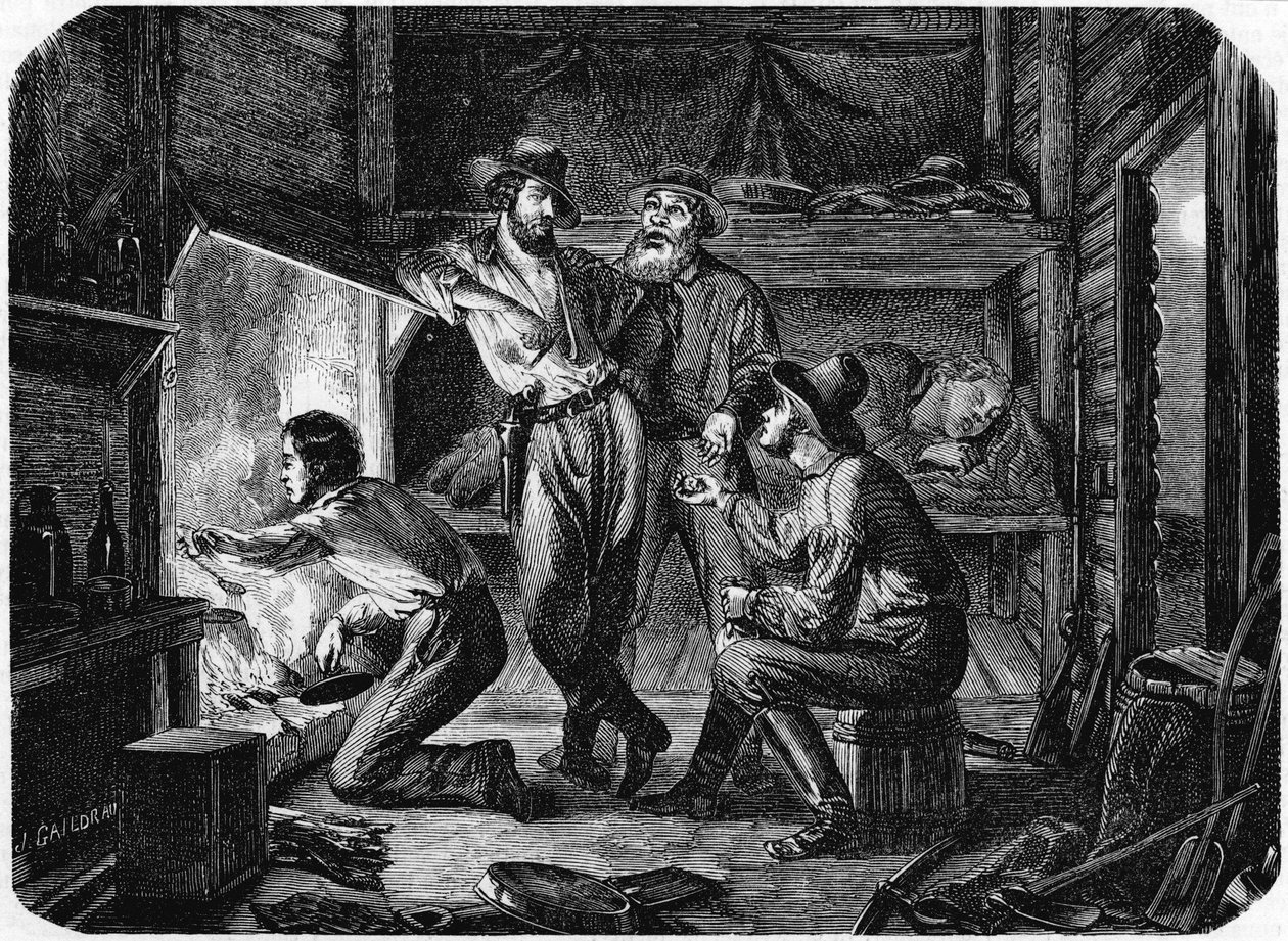 Mineros en los campos de oro de California relajándose en su cabaña de troncos por la noche, 1853 de Unbekannt