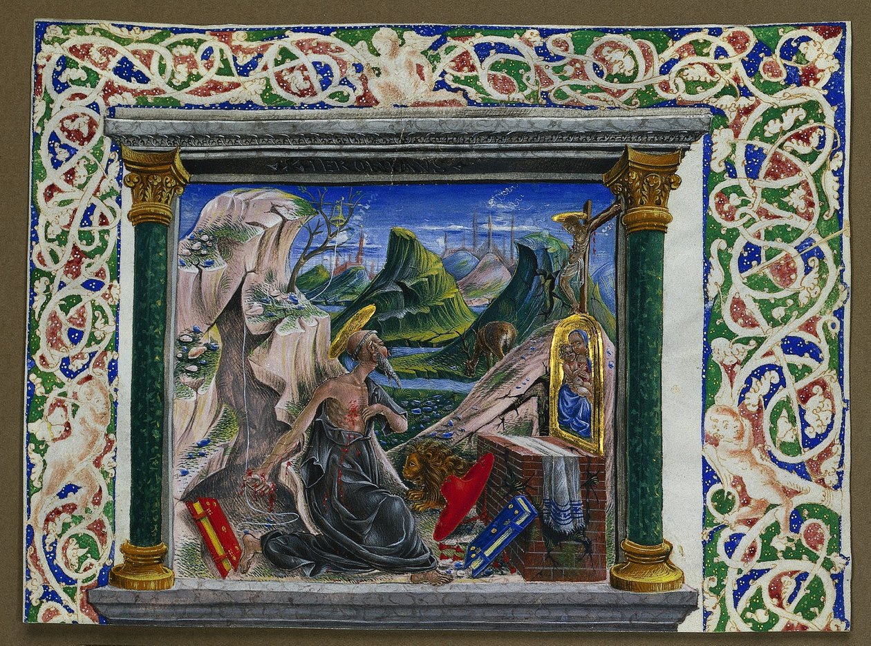 Miniatura extraída de un manuscrito: San Jerónimo en el desierto, c. 1500 de Unbekannt