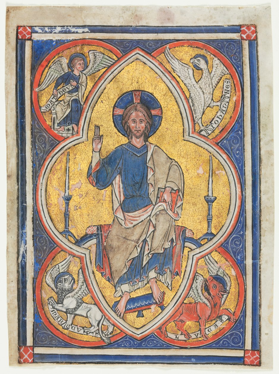 Miniatura extraída de un Salterio: Cristo en Majestad con Símbolos de los Cuatro Evangelistas, c. 1235 de Unbekannt
