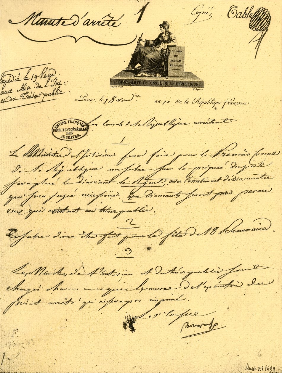 Orden ministerial sobre...un...sable para el Primer Cónsul, 10 de octubre de 1801, 1921 de Unbekannt