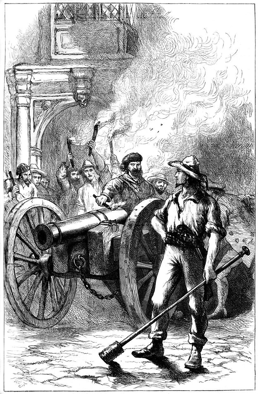 Multitud disparando un cañón frente al juzgado donde estaba encarcelado Alexander McLeod, 1840 de Unbekannt