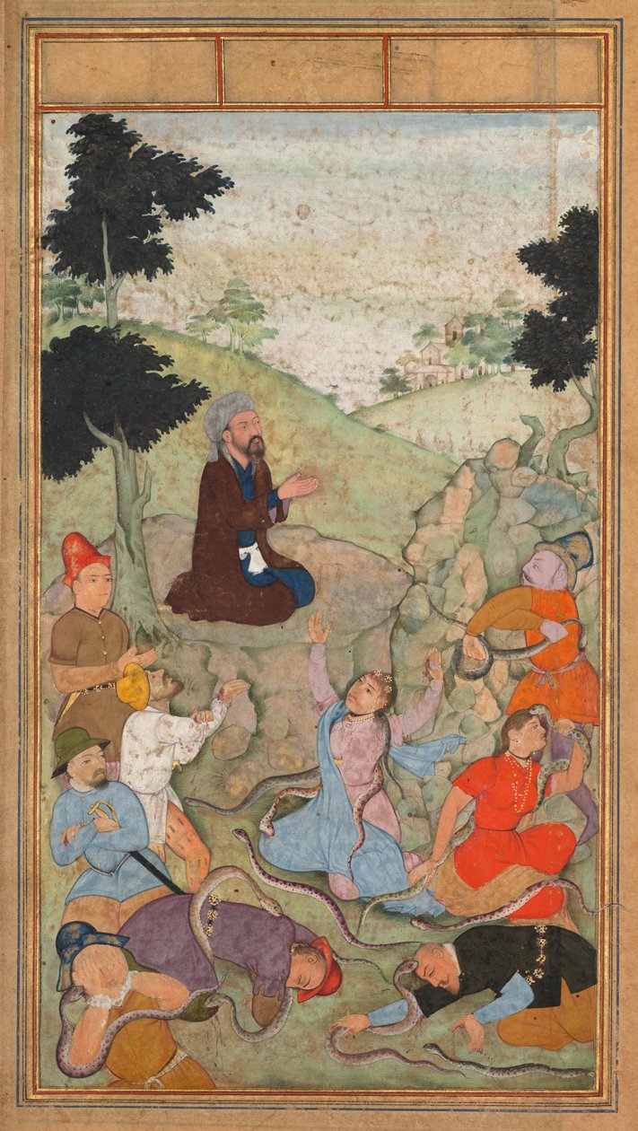 Moisés rezando para acabar con el ataque de las serpientes a los israelitas, de un Mirat al-quds..., 1602-1604 de Unbekannt