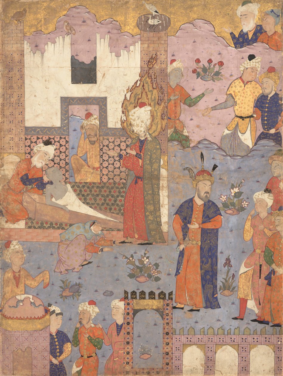 Muhammad revive al niño enfermo, Folio de un libro de presagios Falnama de Ja