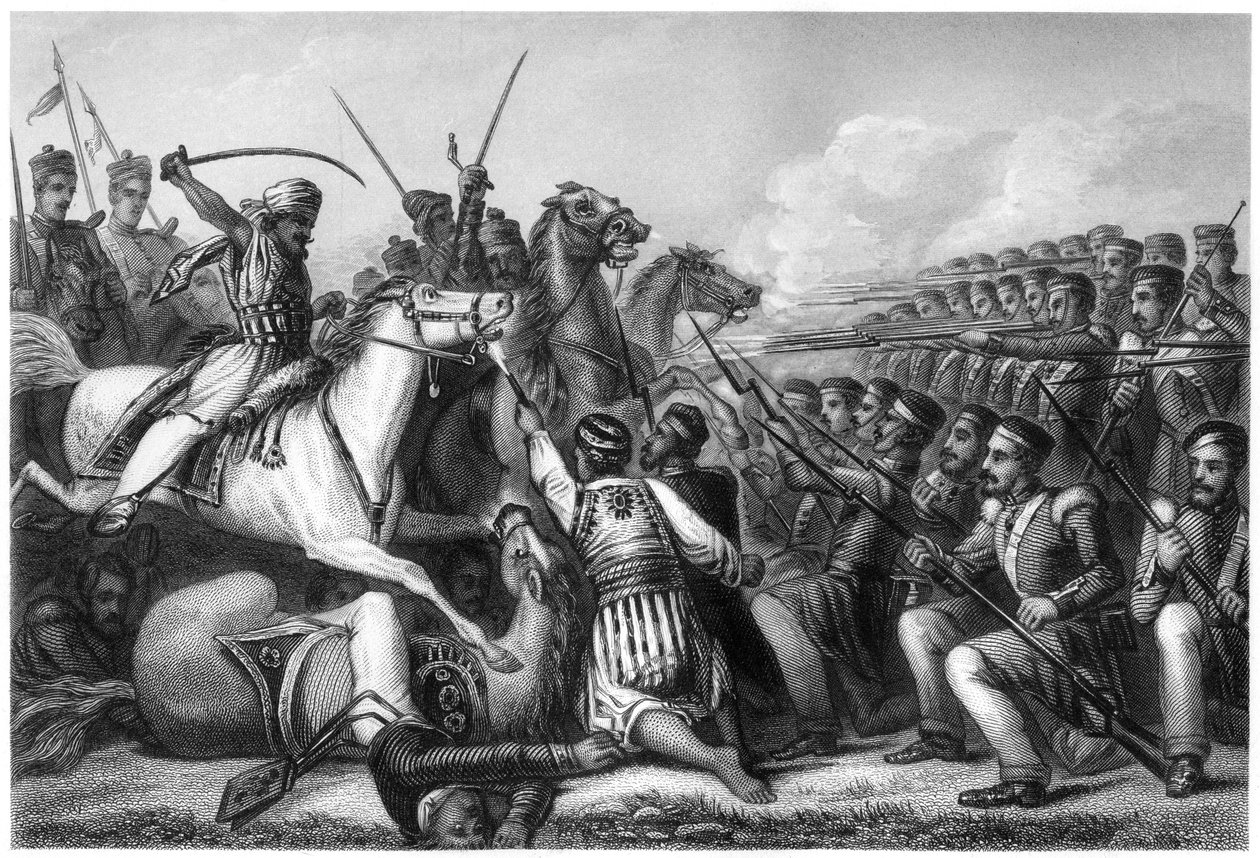 Caballería amotinada atacando un cuadro de infantería en la Batalla de Cawnpore, 1857 de Unbekannt
