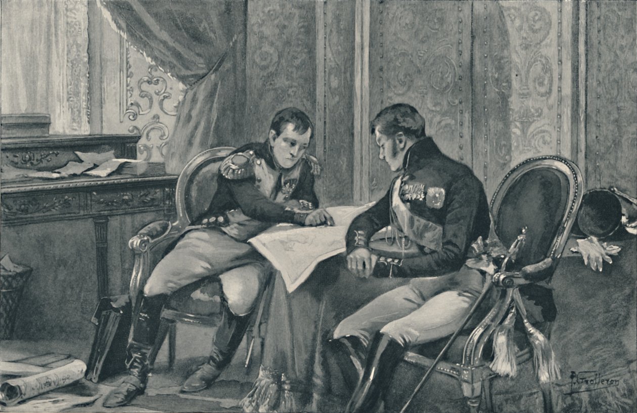 Napoleón y Alejandro en Tilsit estudiando el mapa de Europa, 1807, 1896 de Unbekannt