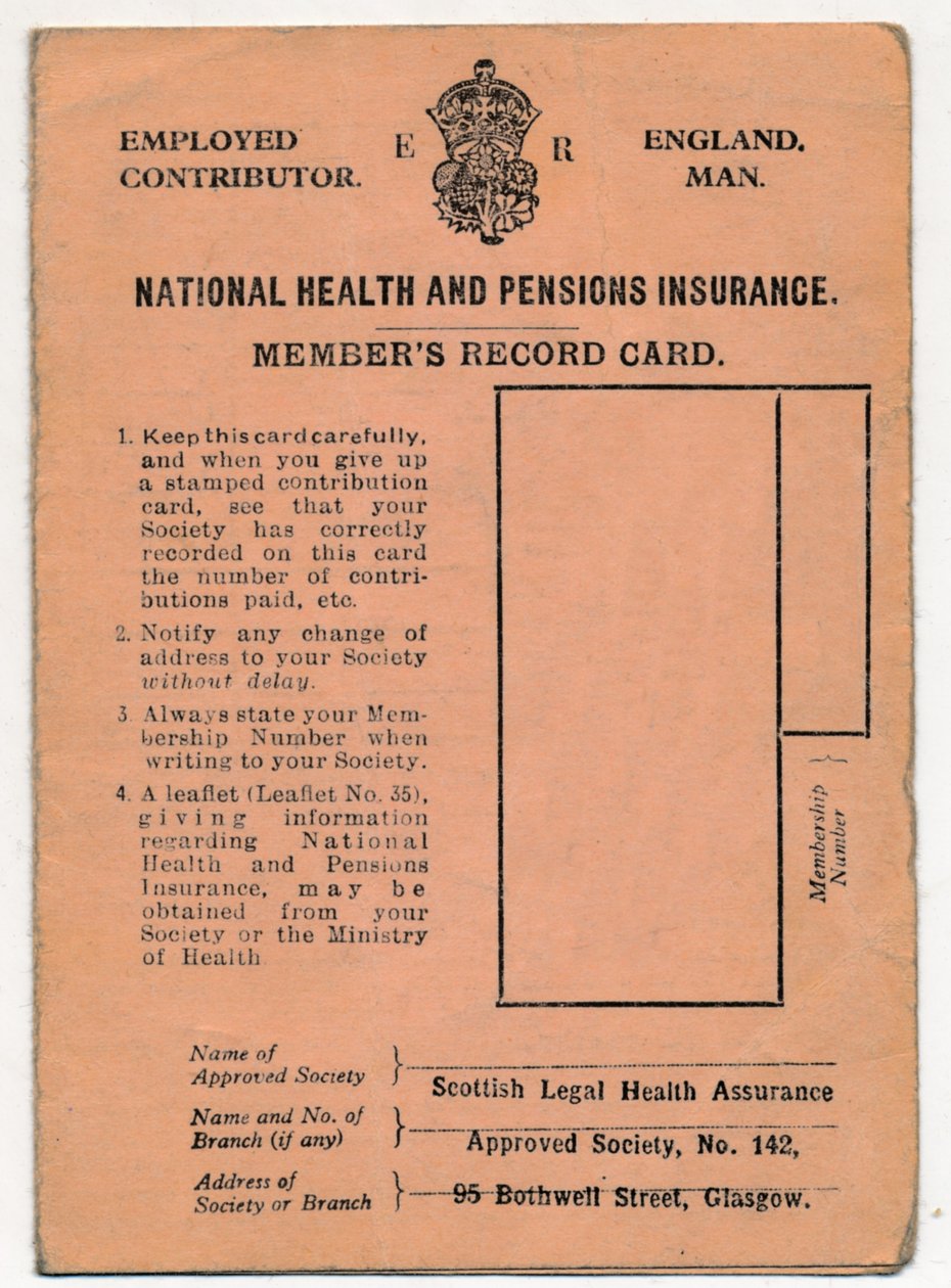 Tarjeta de seguro de salud y pensiones nacionales: tarjeta de registro de miembros, c. 1930s de Unbekannt