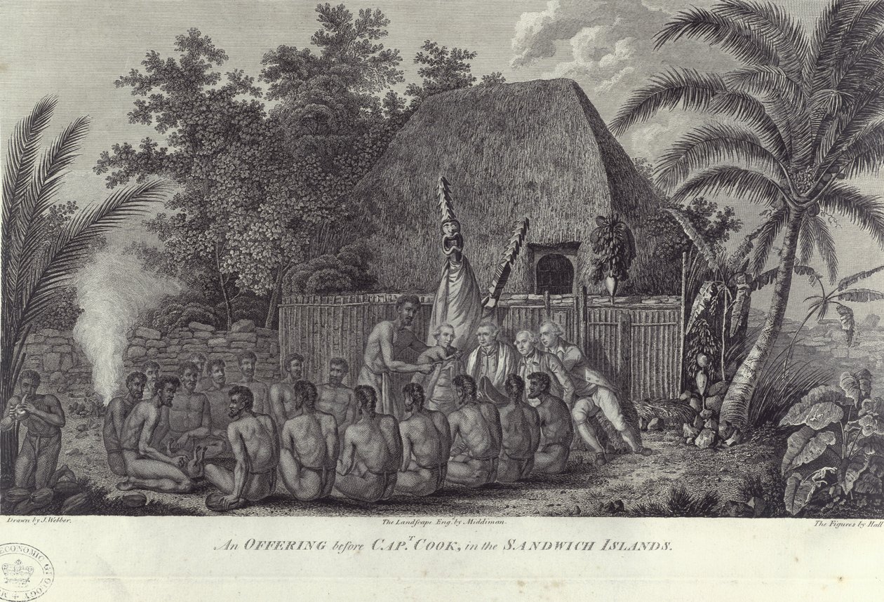 Nativos de las Islas Sandwich, Hawái, sacrificando cerdos ante el Capitán Cook, c1778 de Unbekannt