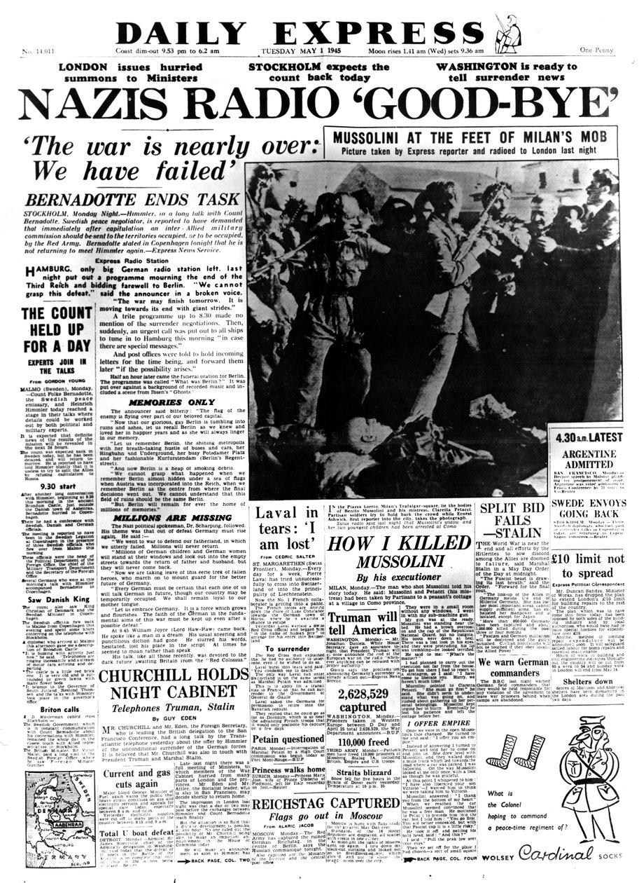 Nazis Radio Good-bye, portada del Daily Express, 1 de mayo de 1945 de Unbekannt