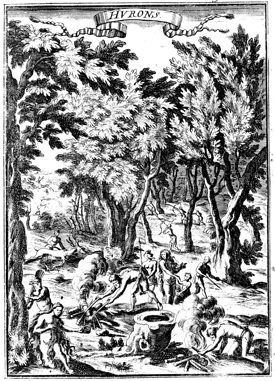 Indios hurones de América del Norte cazando y preparando comida en el bosque, 1686 de Unbekannt
