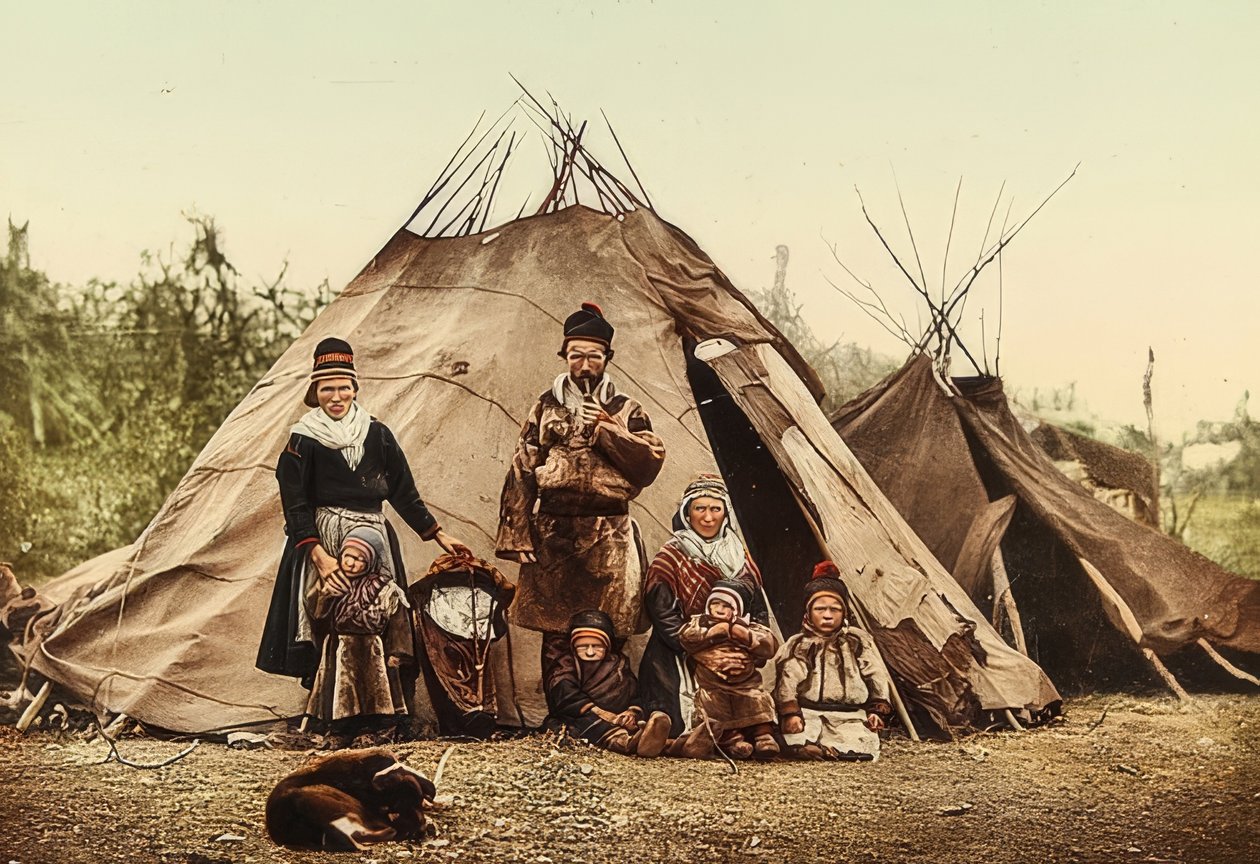 Noruega. Lapones (sami) - Familia frente a una tienda. Alrededor de 1900. Foto cromo. Fotografía de Photoglob / Zurich de Unbekannt