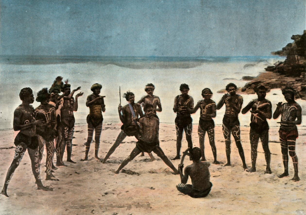 Nueva Guinea. Danza de los papúes bariolés, Papúa Nueva Guinea. Danza tribal papúa, 1900 de Unbekannt