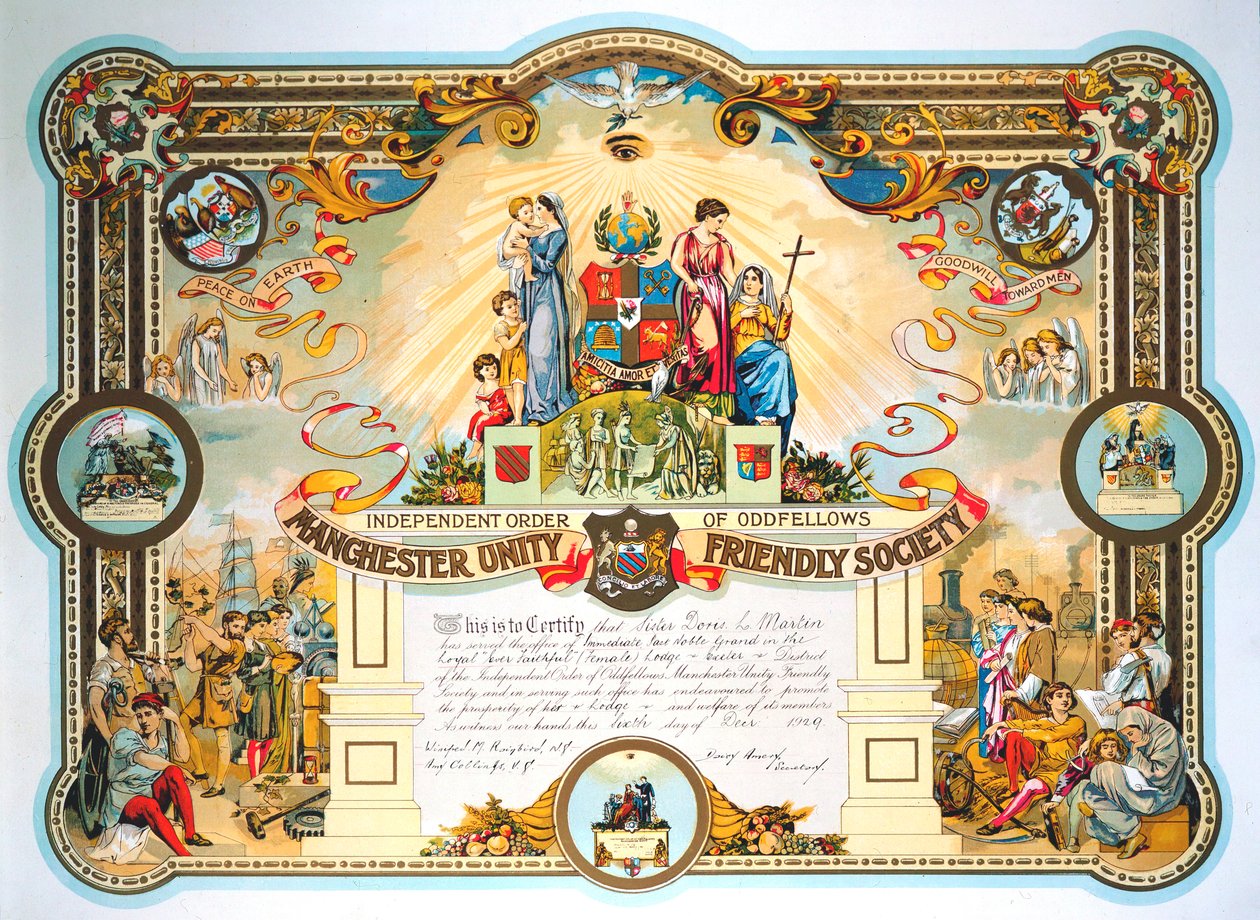 Certificado de titulares de oficina de la Logia Femenina de la Sociedad de Amistad de la Unidad de Manchester, 1929 de Unbekannt