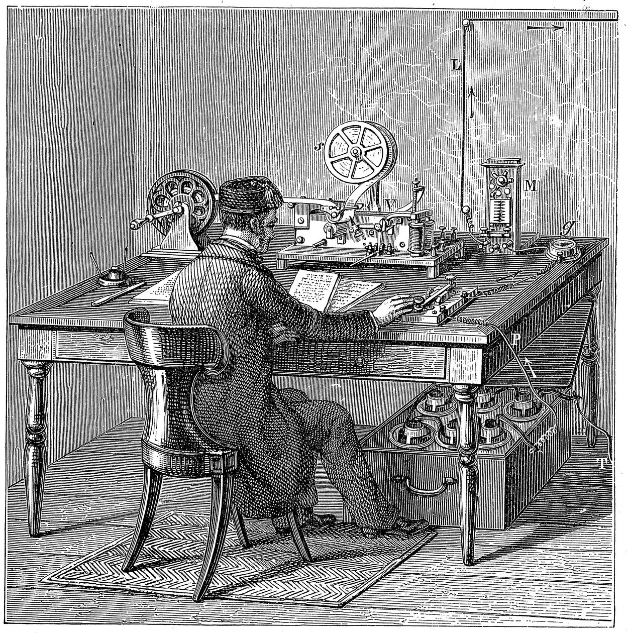 Operador enviando un mensaje en un telégrafo eléctrico de impresión Morse, 1887 de Unbekannt