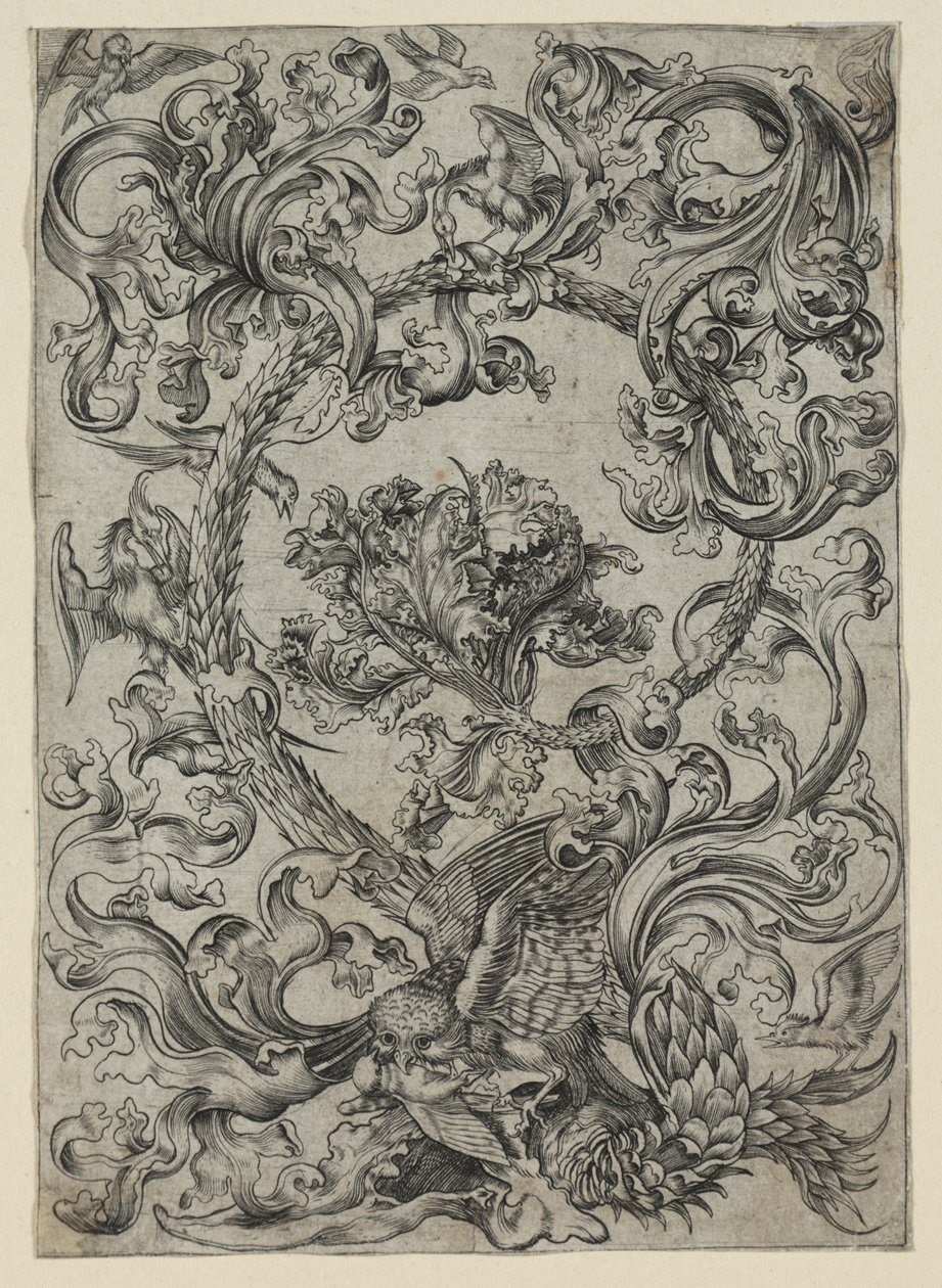 Follaje ornamental, con un búho y otros pájaros, 1400s de Unbekannt