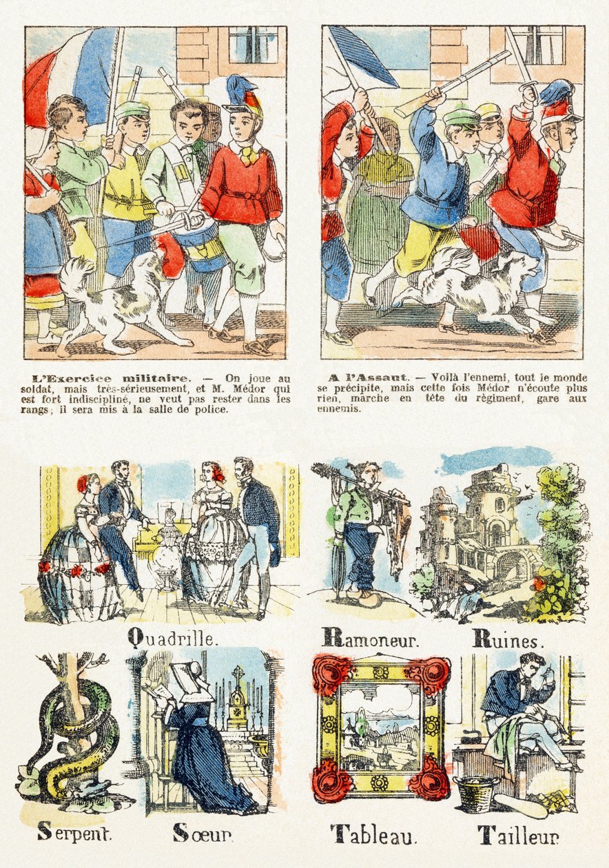 Página 7 - juegos de niños: el ejercicio militar, Al asalto - Alfabeto - Entretenimientos infantiles - Imágenes de Épinal, serie popular, hacia 1890 de Unbekannt