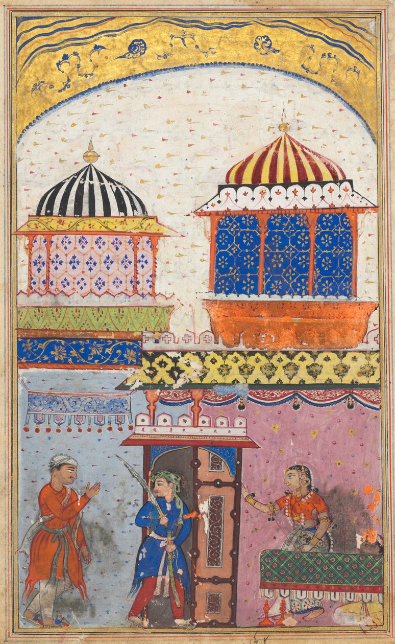Página de Cuentos de un Loro Tuti-nama: Octava noche: Una mujer pide a su amante que se vaya..., c. 1560 de Unbekannt