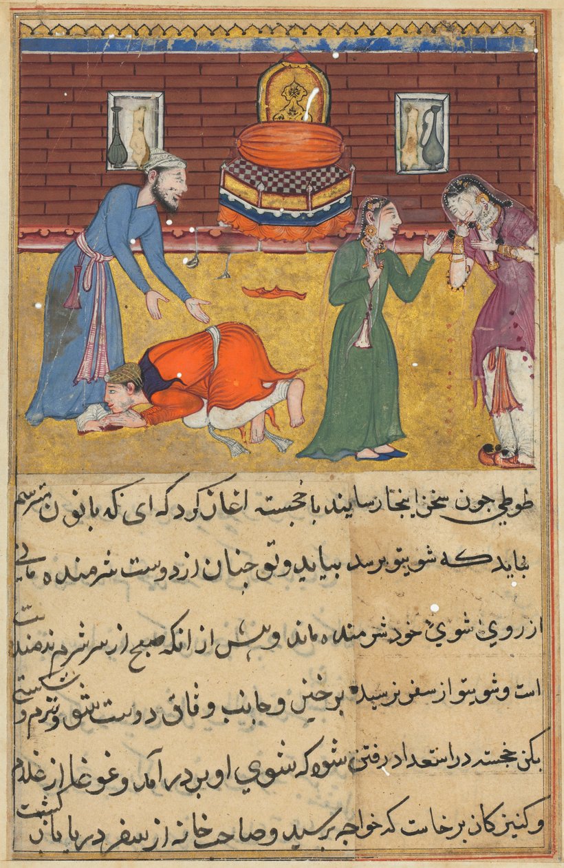 Página de Cuentos de un loro Tuti-nama: Quincuagésima segunda noche: El hijo del hombre piadoso..., c. 1560 de Unbekannt