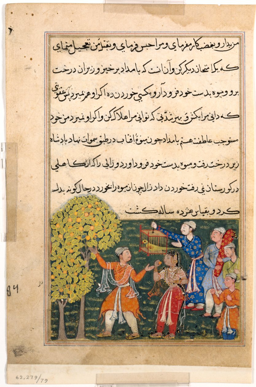 Página de Cuentos de un loro Tuti-nama: Novena noche: El rey recoge fruta del árbol..., c. 156 de Unbekannt