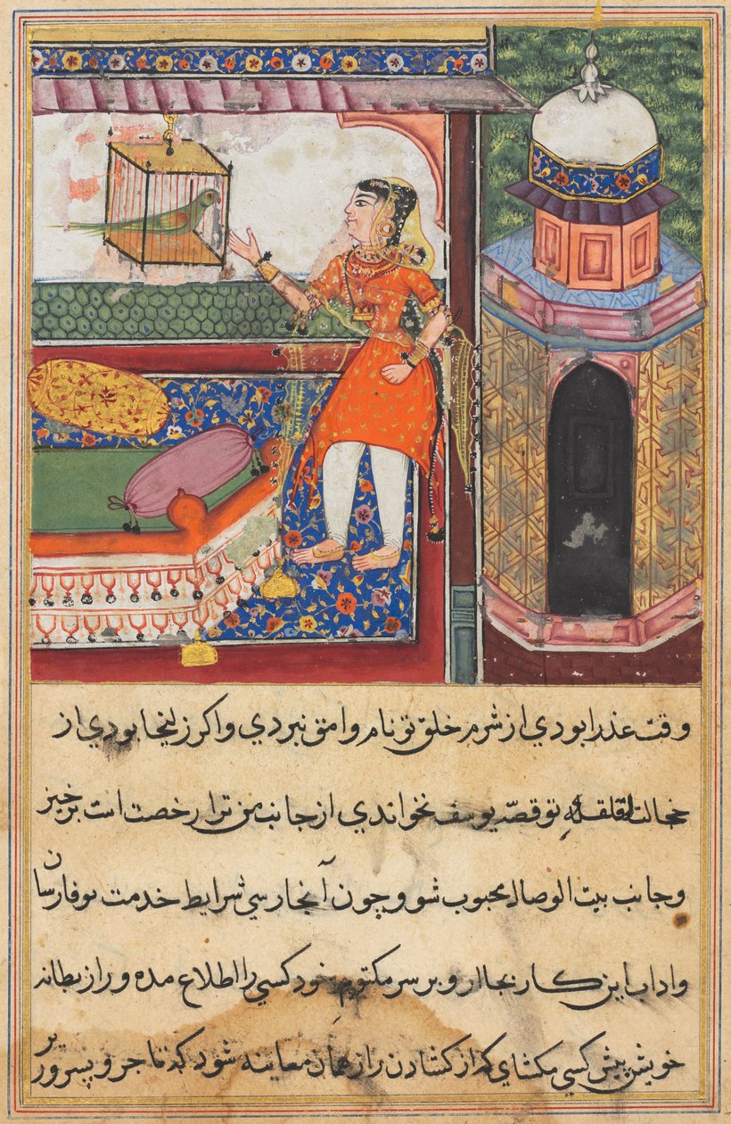 Página de Cuentos de un loro Tuti-nama: Décima noche: El loro se dirige a Khujasta..., c. 1560 de Unbekannt