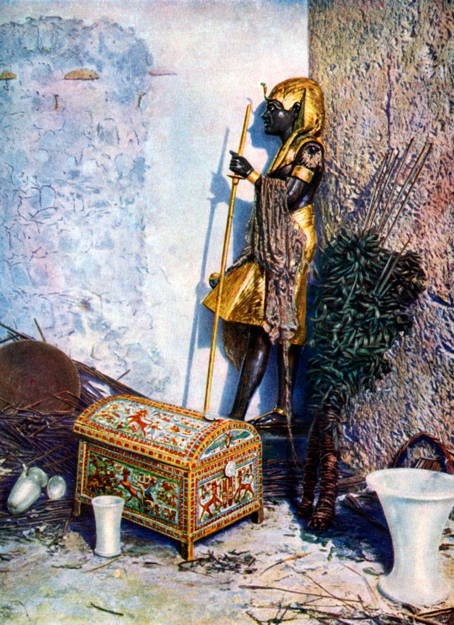 Cofre pintado que yace a los pies de la estatua de Tutankamón, Egipto, 1933-1934 de Unbekannt