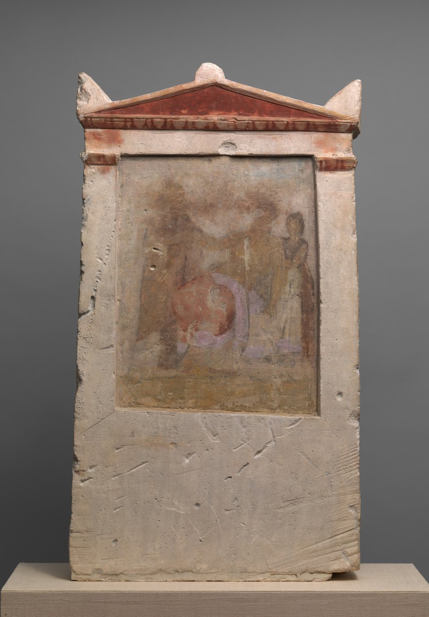 Estela funeraria de piedra caliza pintada con una mujer en parto, finales del siglo IV-principios del siglo III a.C. de Unbekannt