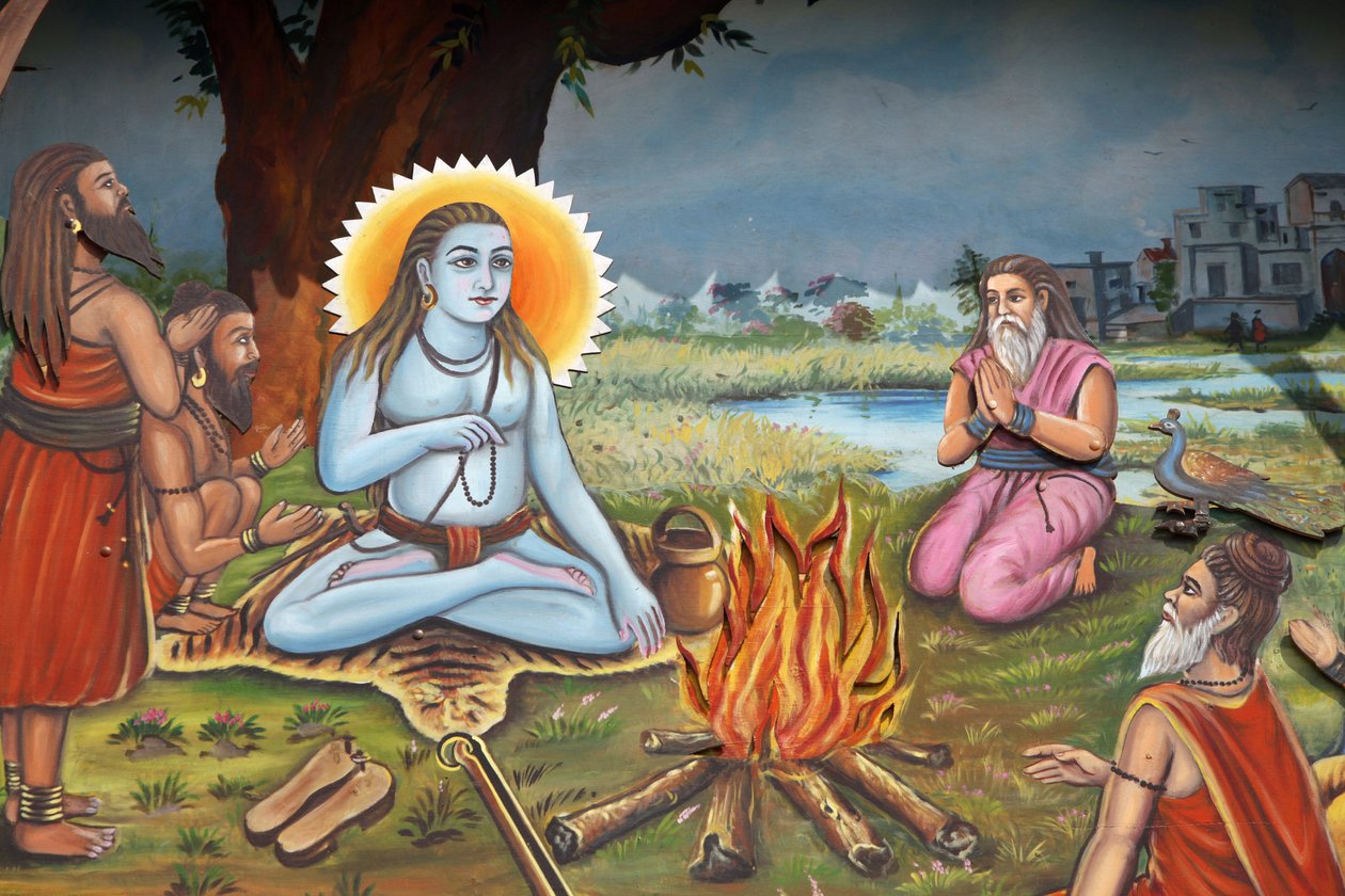 Pintura que representa a un hombre santo (sentado en la piel de un tigre como Shiva) rodeado de seguidores, Haridwar de Unbekannt
