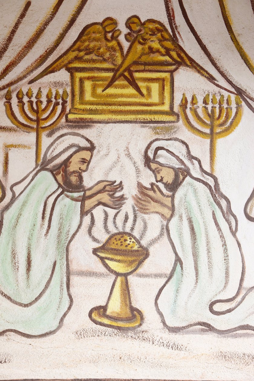 Pintura en la iglesia de Nuestra Señora de Togo: Arca Sagrada, menoras (Menorá) y altar de perfumes, Togoville, Togo de Unbekannt