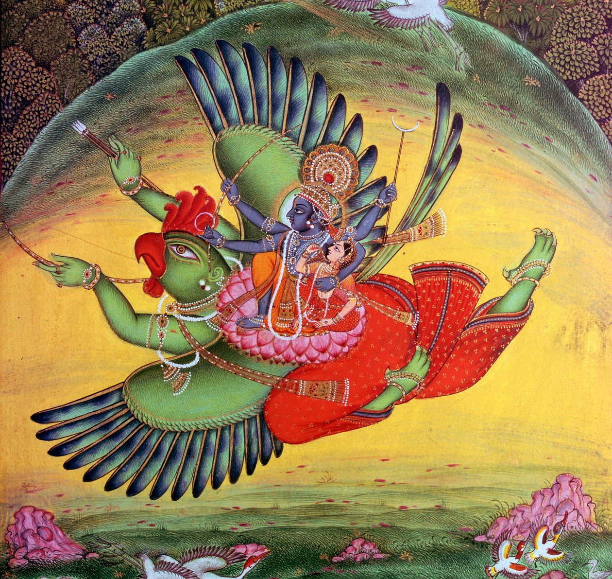 Pintura de Vishnu y su consorte Lakshmi montados en el dios pájaro Garuda de Unbekannt