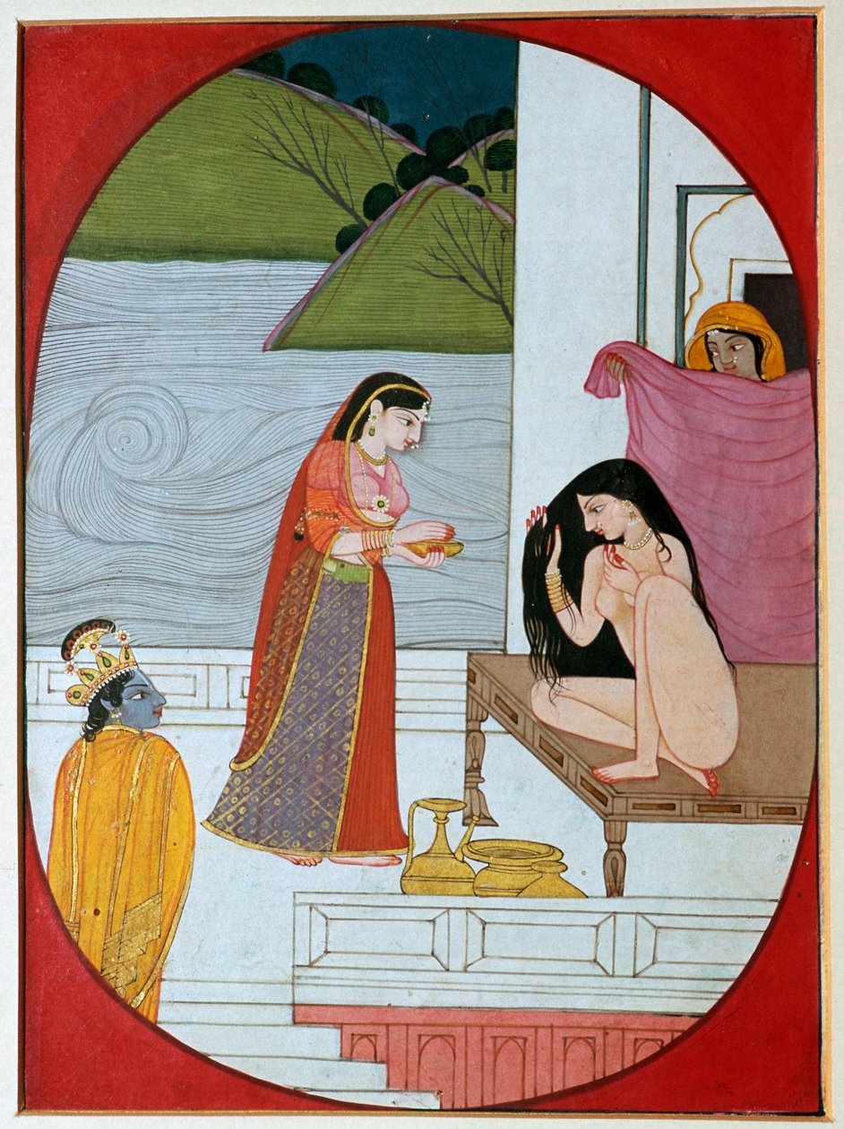 Pintura del dios Khrishna observando a Radha en su baño, siglo XIX de Unbekannt