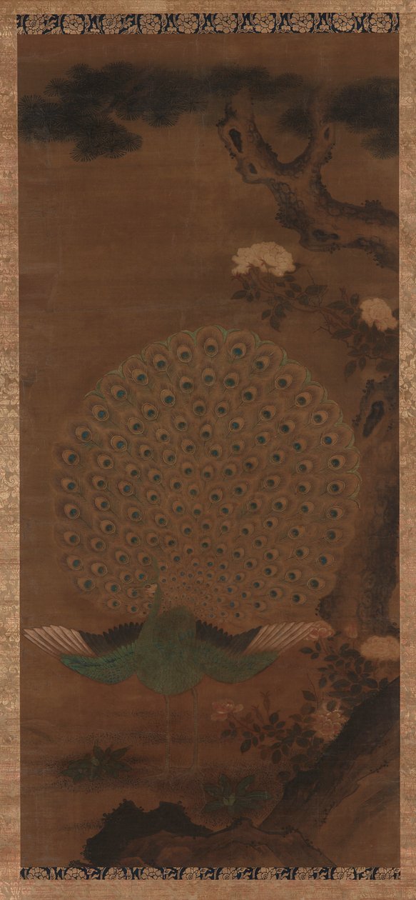 Pavo real, peonías y pino, período Edo, 1615-1868 de Unbekannt
