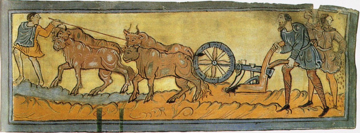 Campesinos arando Miniatura del Cotton MS Tiberius de Unbekannt