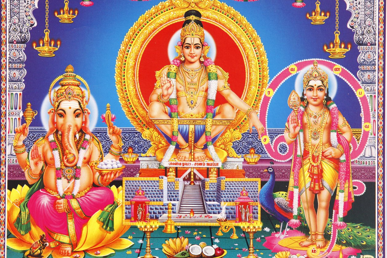 Imagen de los dioses hindúes Ganesh, Ayappa y Subramania de Unbekannt