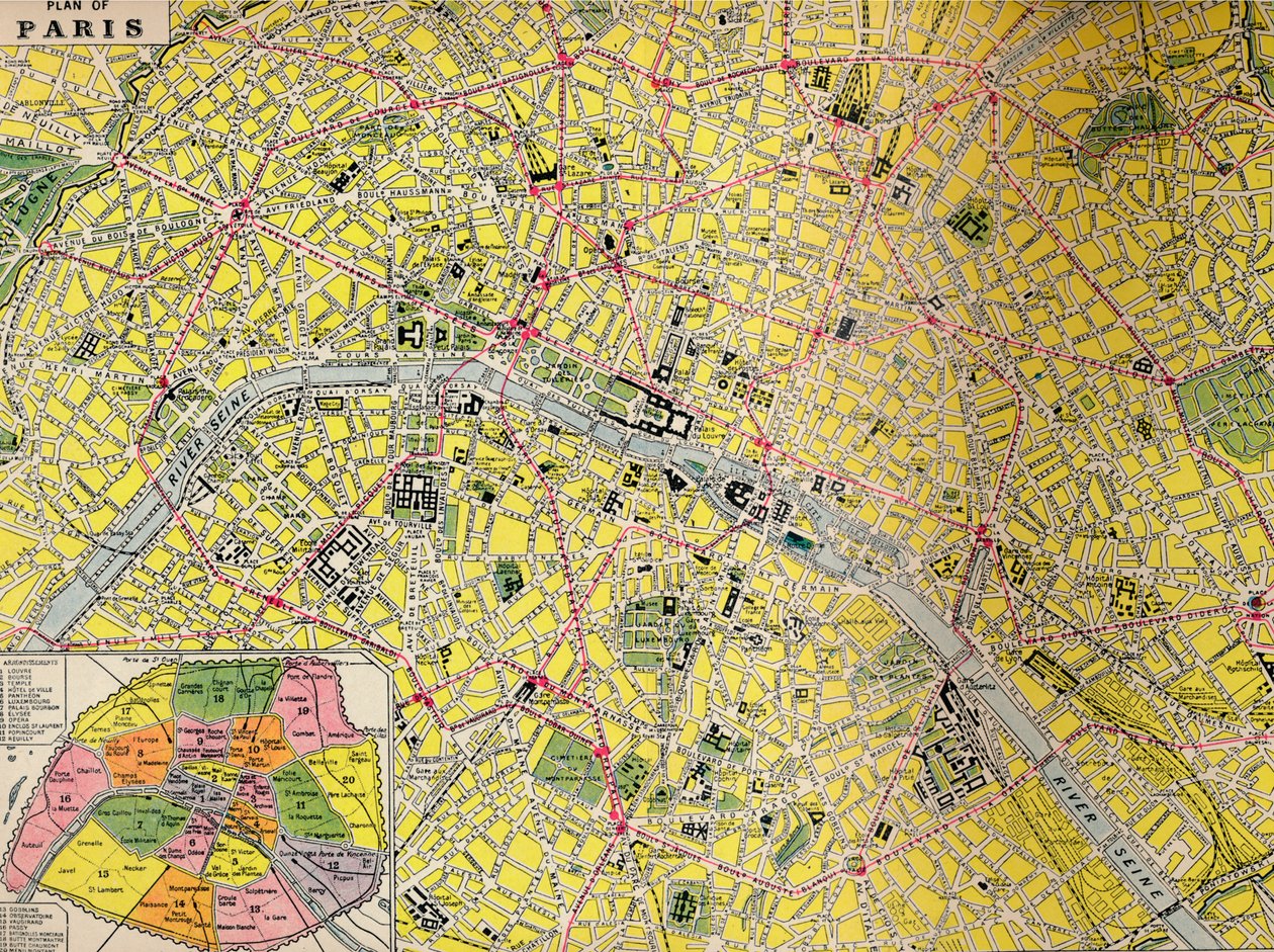 Plano de París - Distrito central de la Ciudad de la Luz, c1930s de Unbekannt