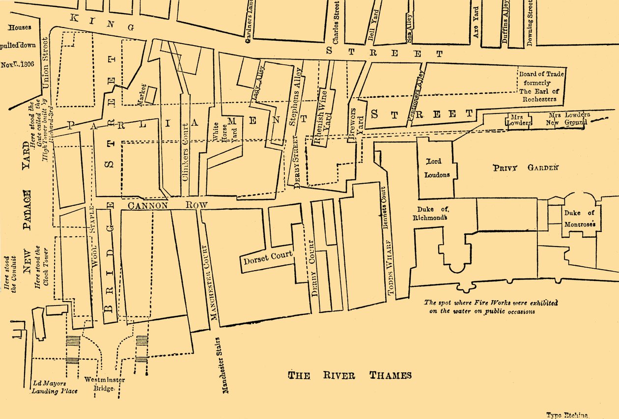 Plano de una porción de Westminster entre 1734 y 1748 - Antes de la construcción de Parliament Street de Unbekannt