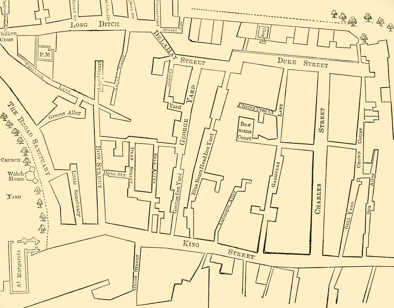 Plano de una porción de Westminster entre 1734 y 1748 - Antes de la construcción de Great George Street de Unbekannt