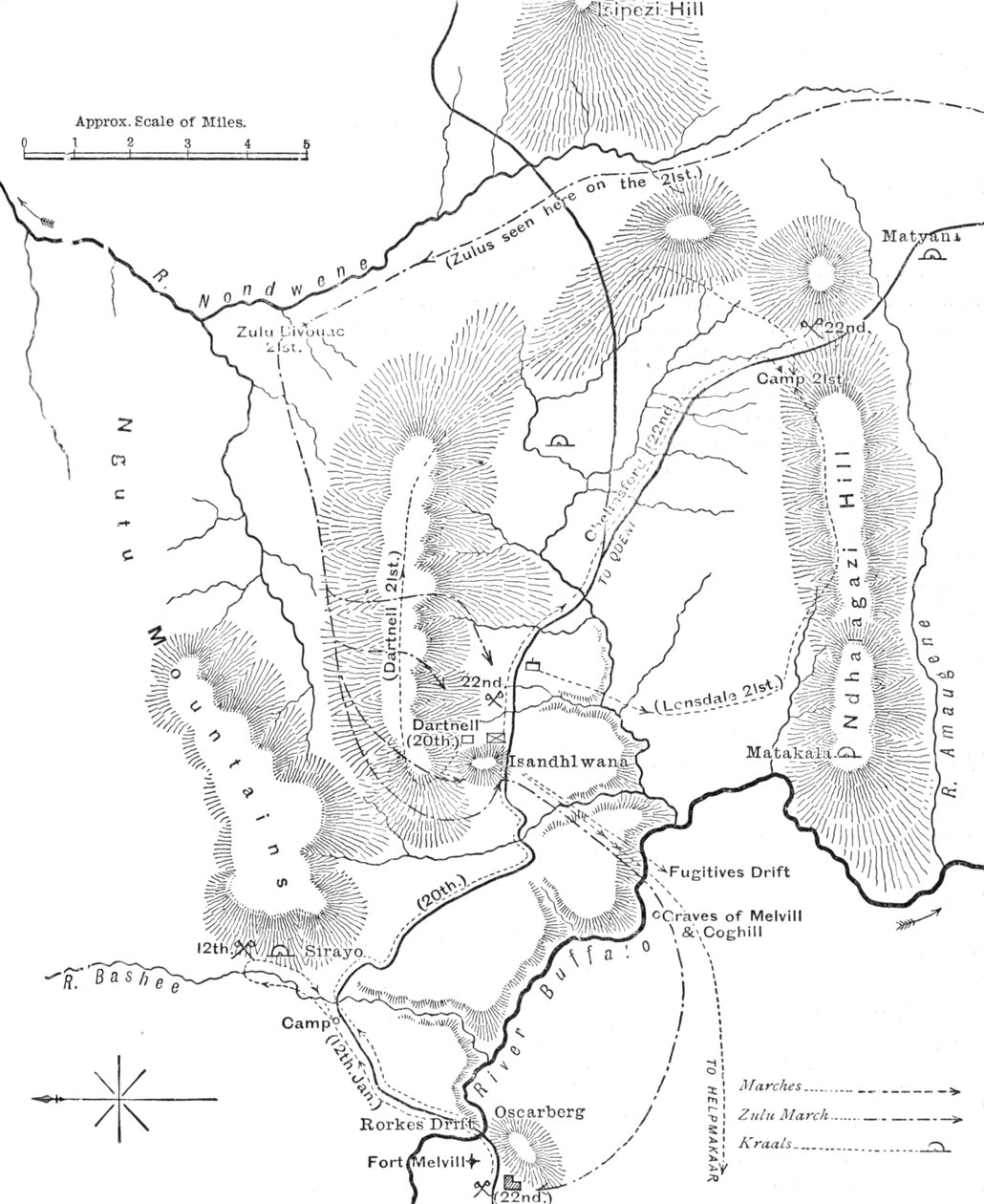 Plano de las Marchas cerca de Isandhlwana entre el 12 y el 22 de enero de 1879, c1880 de Unbekannt