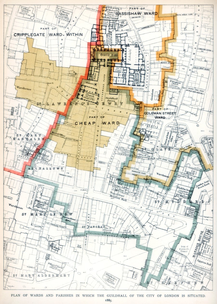 Plano de los barrios y parroquias en los que se encuentra el Guildhall de la ciudad de Londres, 1886 de Unbekannt