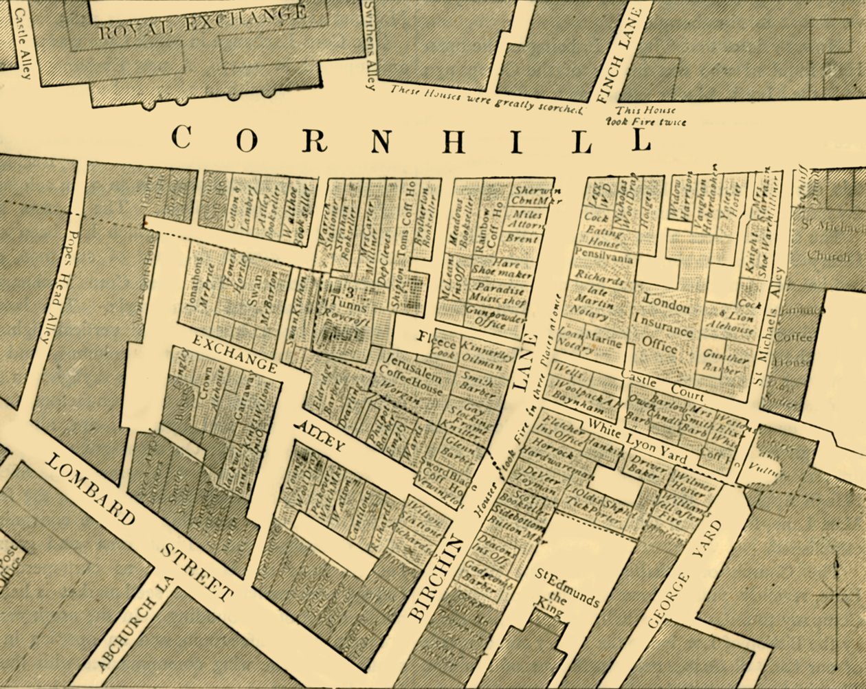 Plano que muestra la extensión del gran incendio en Cornhill en 1748, c1872 de Unbekannt