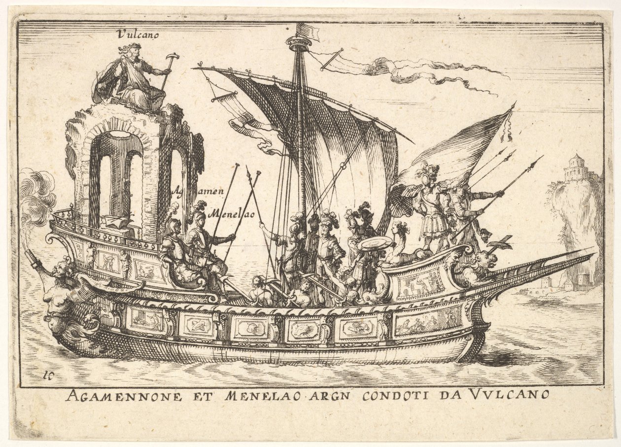 Placa 10: Agamenón y Menelao sentados en un bote acompañados de otras figuras incluyendo V..., 1664 de Unbekannt