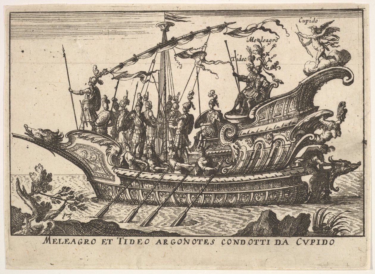 Placa 13: Argonautas Meleagro y Tideo conducidos por Cupido Meleagro et Tideo Argonotes condotti..., 1664 de Unbekannt